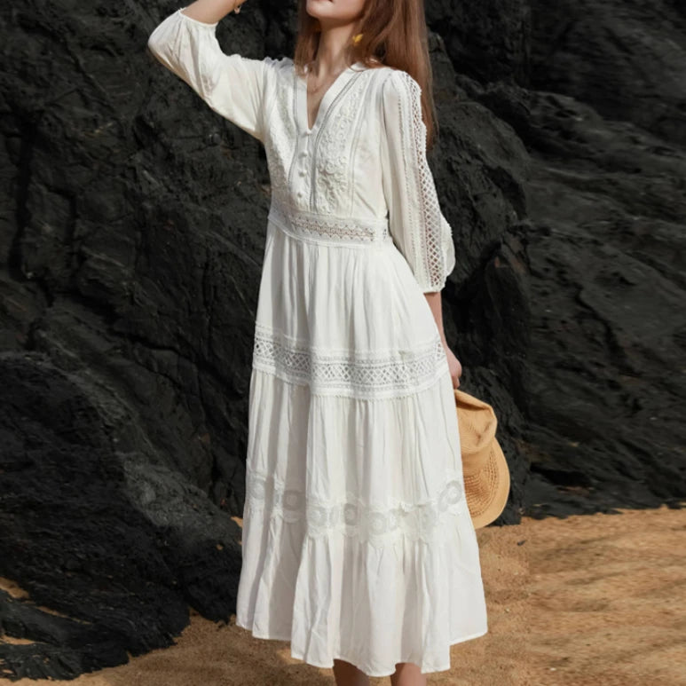 V-neck Floral Embroidery 100% Cotton White Summer Dresses Vintage Ladies Vestidos Long Sleeve Boho Beach Lace Dress for Women