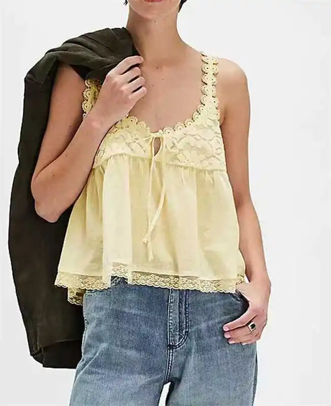 Bohemia Sleeveless Strap Blouse Lace Tank Top Women Casual Cotton Lace-up Deep V Neck Boho Beach Summer Blouses Shirts Tops