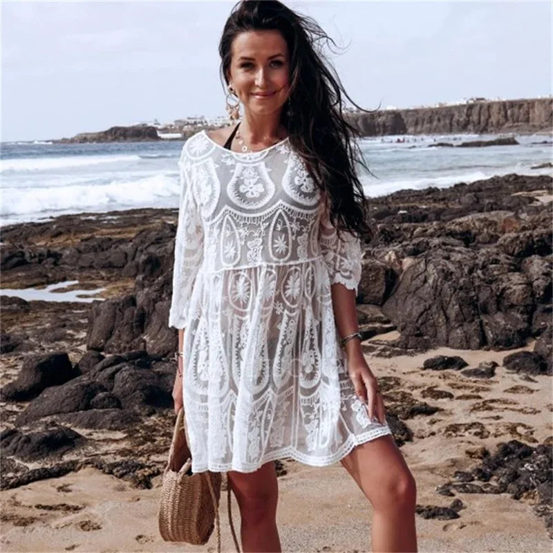 AYUALIN Sheer Lace Mini Dresses Women Vintage White Cotton Floral Embroidery Sexy Boho Beach Bikini Cover Up Summer Tunic Robe
