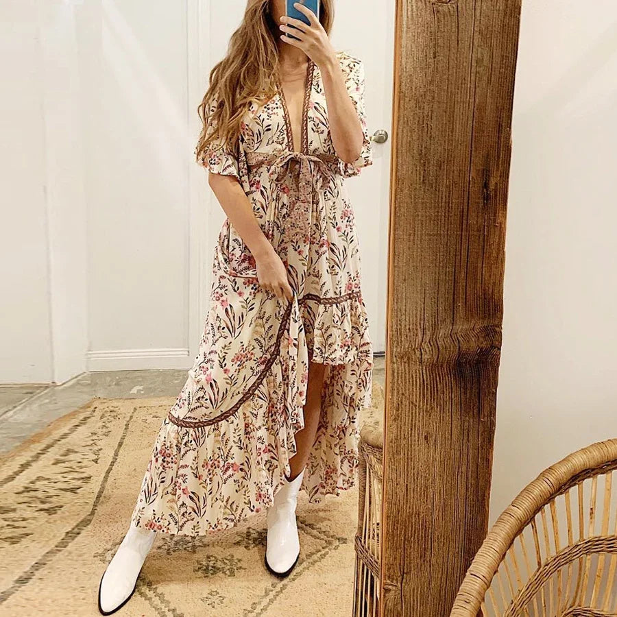 AYUALIN Sexy Irregular Dress for Women Deep V-neck Boho Dress Adjustable Belt Floral Print Summer Dresses Gypsy Dresses Vestidos
