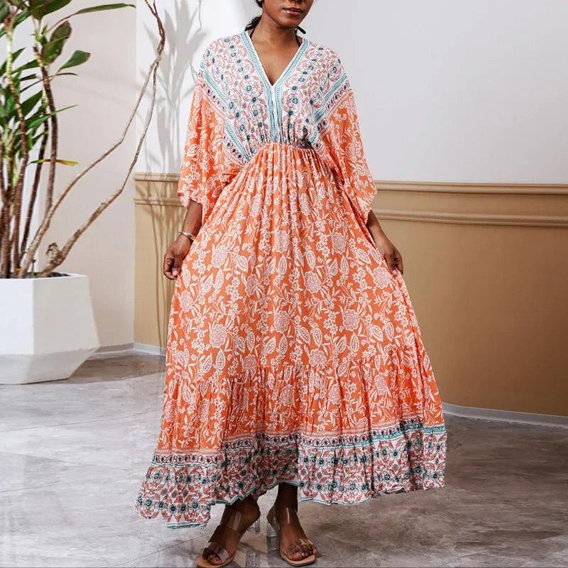 Deep V Neck Cotton Rayon Floral Printed Long Dress Summer Boho Beach Cover up Casual Loose Elastic Waist Maxi Dresses Women Robe