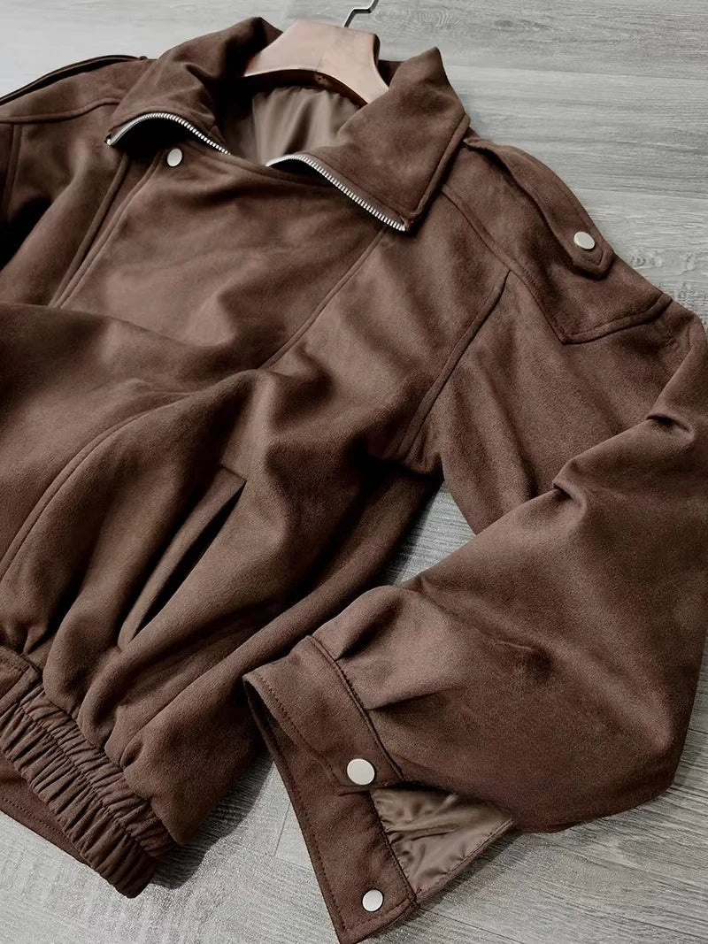 Brown Retro Maillard Jackets for Women Coats Cool Lapel Suede Motorcycle Jacket Autumn Winter Warm Loose Short Coat Outwear
