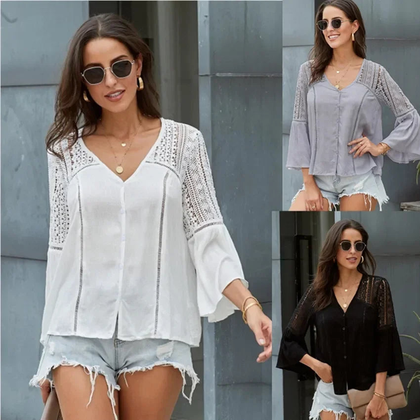 AYUALIN White Flare Sleeve Lace Blouses Women Top Vintage V Neck Hollow Summer Blouse Shirt 2025 Casual Boho Blusas