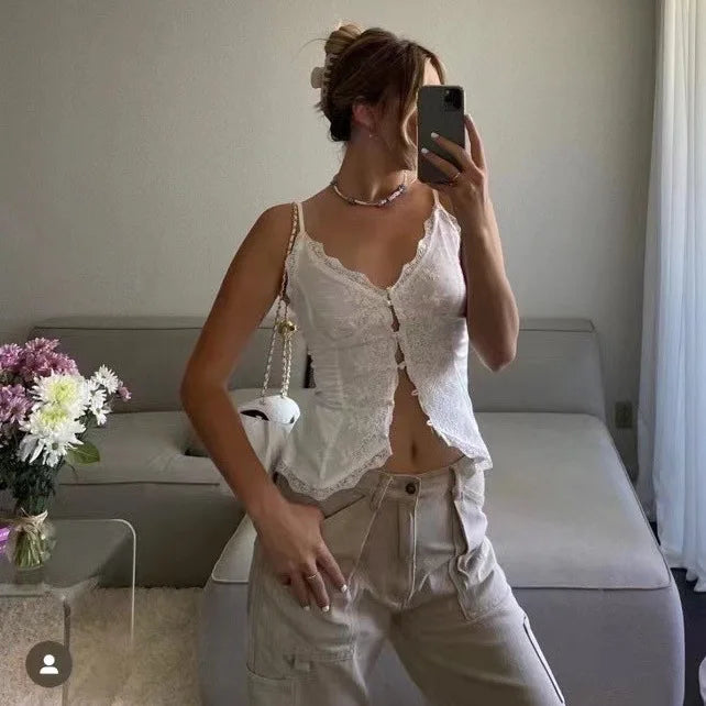Lace Camis Sexy Sleeveless Deep V Neck Crop Top Women Summer Vintage Strap Blouses Tees Shirts Boho Beach Wear Holiday Cute Tops