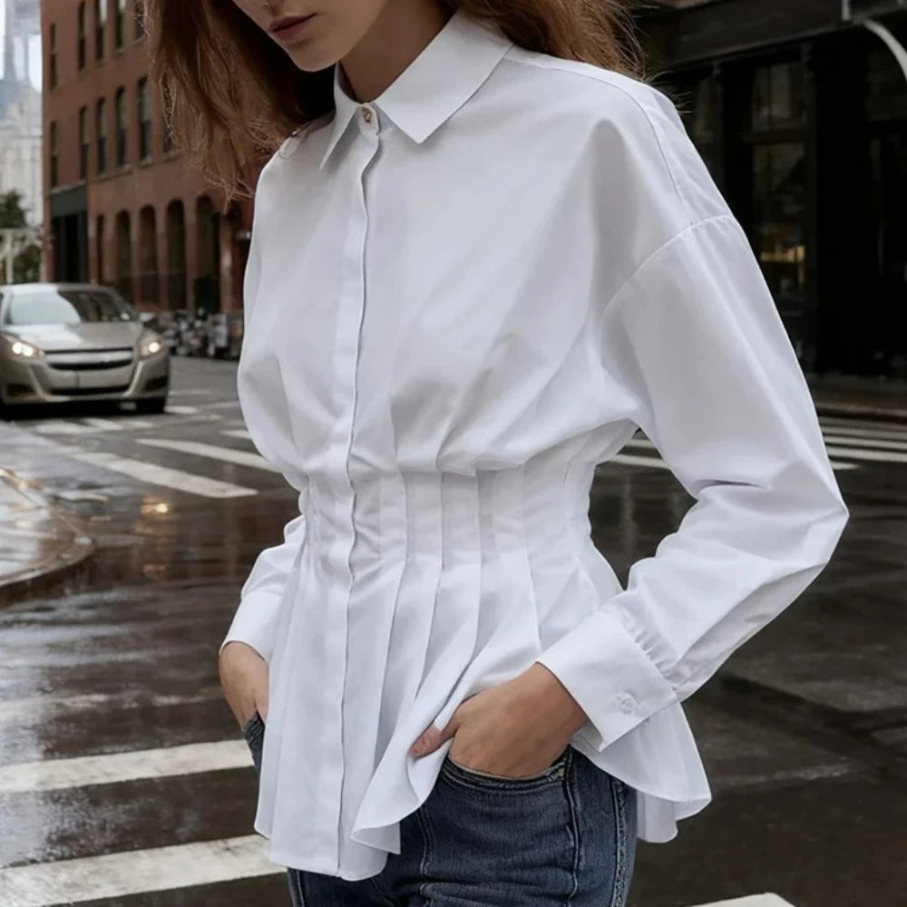 Long-sleeved Women Blouse Shirt  with A Fitted Waist and Pleated Design White 100% Cotton Casual Office Blouses Shirts Lady Tops