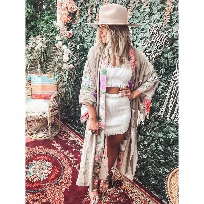 AYUALIN Kaftan Robe Blue Phoenix Floral Print Kimono Cardigan Boho Sexy Side Slits Gypsy Blusa Summer Loose Long Women Blouses