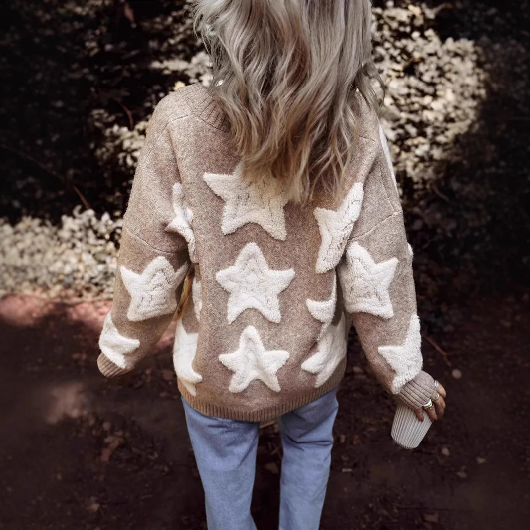 Casual Knitted Thick Autumn Winter Warm Sweaters Coat for Women Jacket Star Pattern Long Sleeve Loose Ovesize Sweater Cardigan