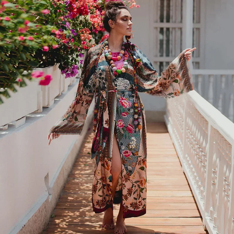 Rayon Cotton Floral Printed Kimono Sleeve Summer Dresses Swim Cover Up Dress Boho Beach Wear Robe Cardigan Coverup Vestidos