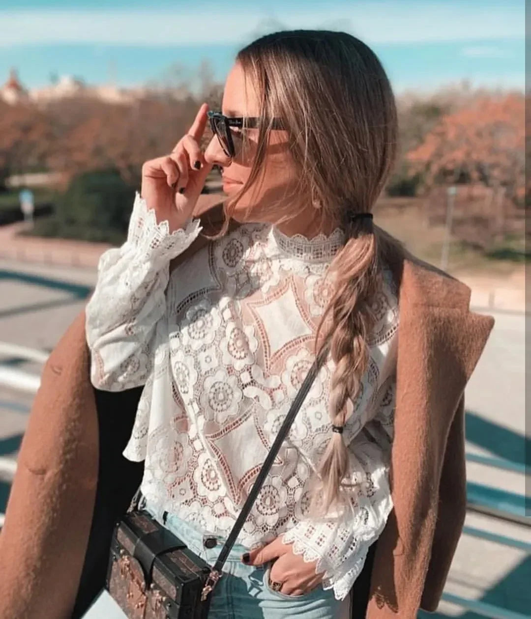 AYUALIN Lady White Lace Blouse Shirt Women Long Sleeve See Through Sexy Blusa Vintage Femme Transparent Top Casual Boho Blouses