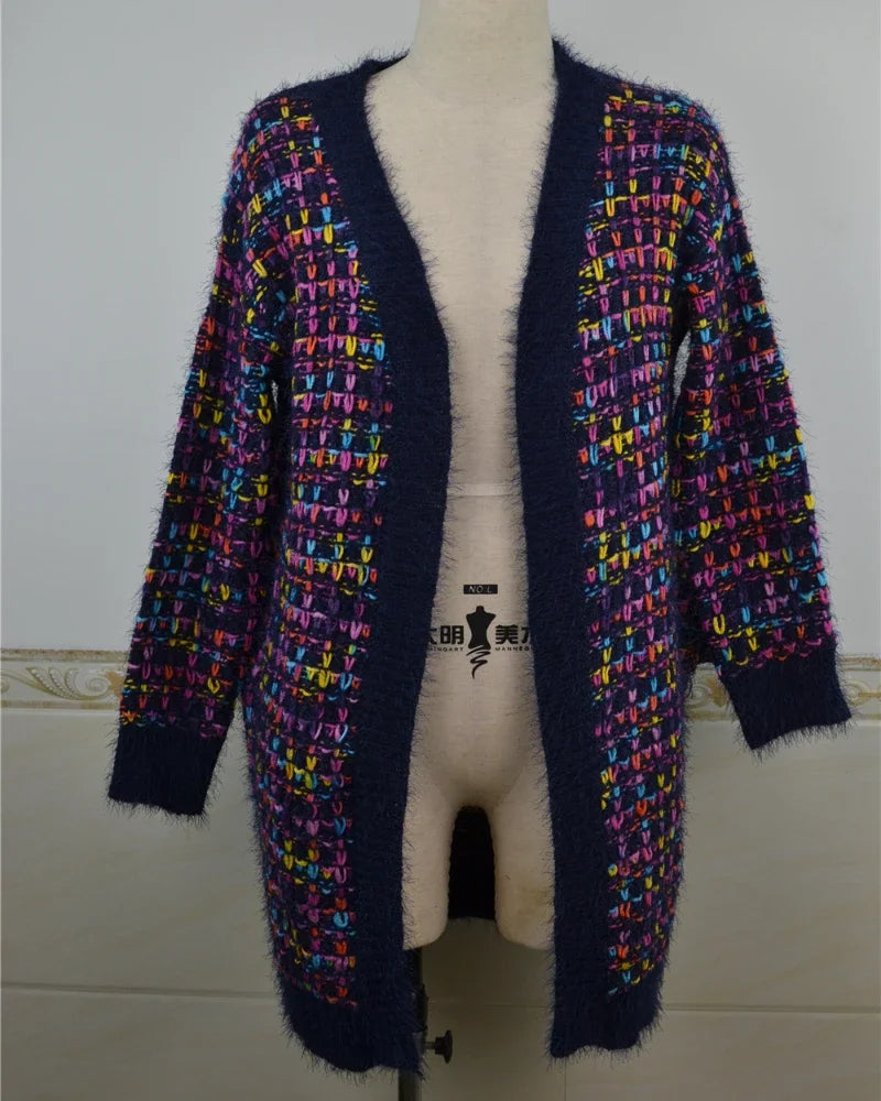 AYUALIN Women's Sweater Knitted Cardigan Winter Vintage Plaid Jacquard Knit Long Cardigans Knit Warm Sweaters Women Coats