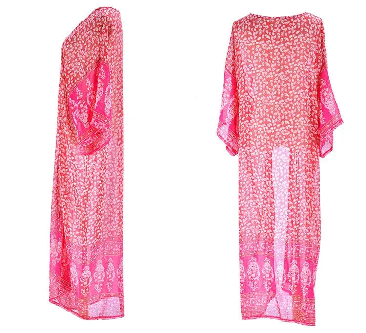 AYUALIN pink Chiffon Floral Print Cover up beach wear Blouse women Vintage Kimono CardiganTops Blusas femme boho swim coverups