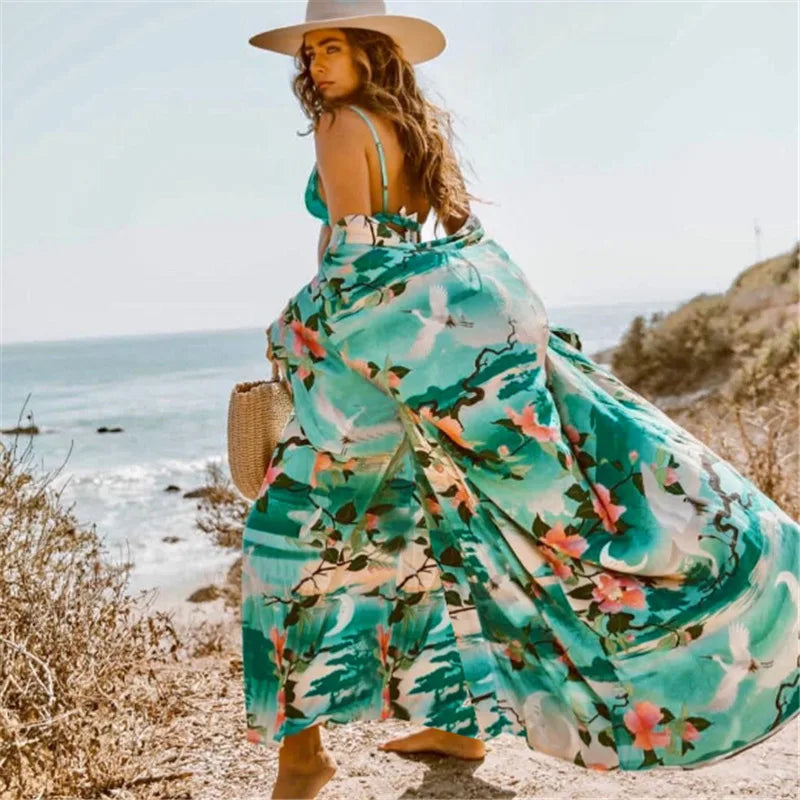 Long Cardigan for Women Kaftan Robe Light Green Cotton Rayon Floral Embroidery Beach Wear Blouse Long Sleeve Loose Boho Vestidos