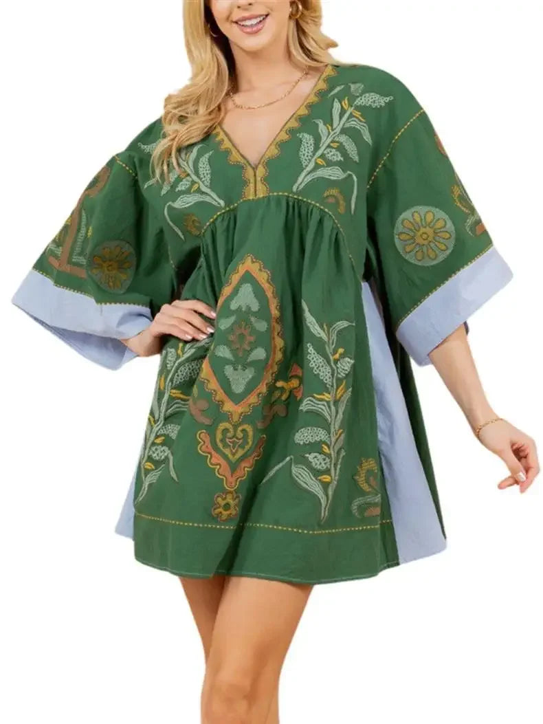 Boho Cotton Linen Floral Embroidery Mini Dresses For Women Vestidos Flare Sleeve Casual Oversize Losse Ladies Dress Summer Robe