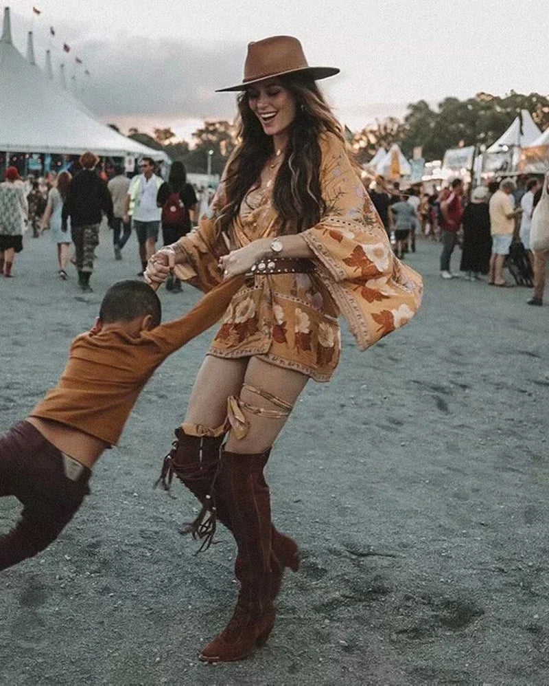 AYUALIN Short Kimono Cardigan Autumn Robe Yellow Floral Print Flare Long Sleeve Gypsy Beach Summer Loose Bohemian Women Blouses