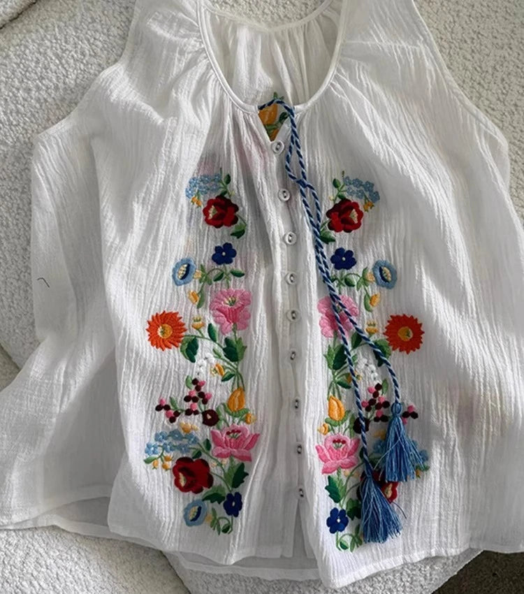 Cotton Floral Embroidered Tank Top Sleeveless Blouses Shirts for Women Casual Tassel Summer Blouse Boho Beach Camis Blusas Tops