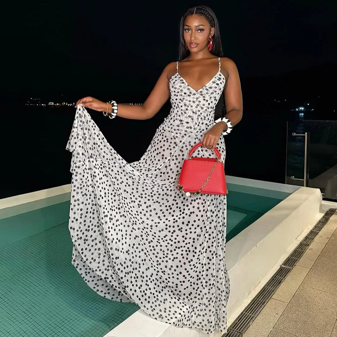 Boho Beach Wear Mesh Polka Dot Printed Maxi Dresses for Woemn Robe Sexy Deep V Neck Long Strap Dress Summer Knitted Vestidos