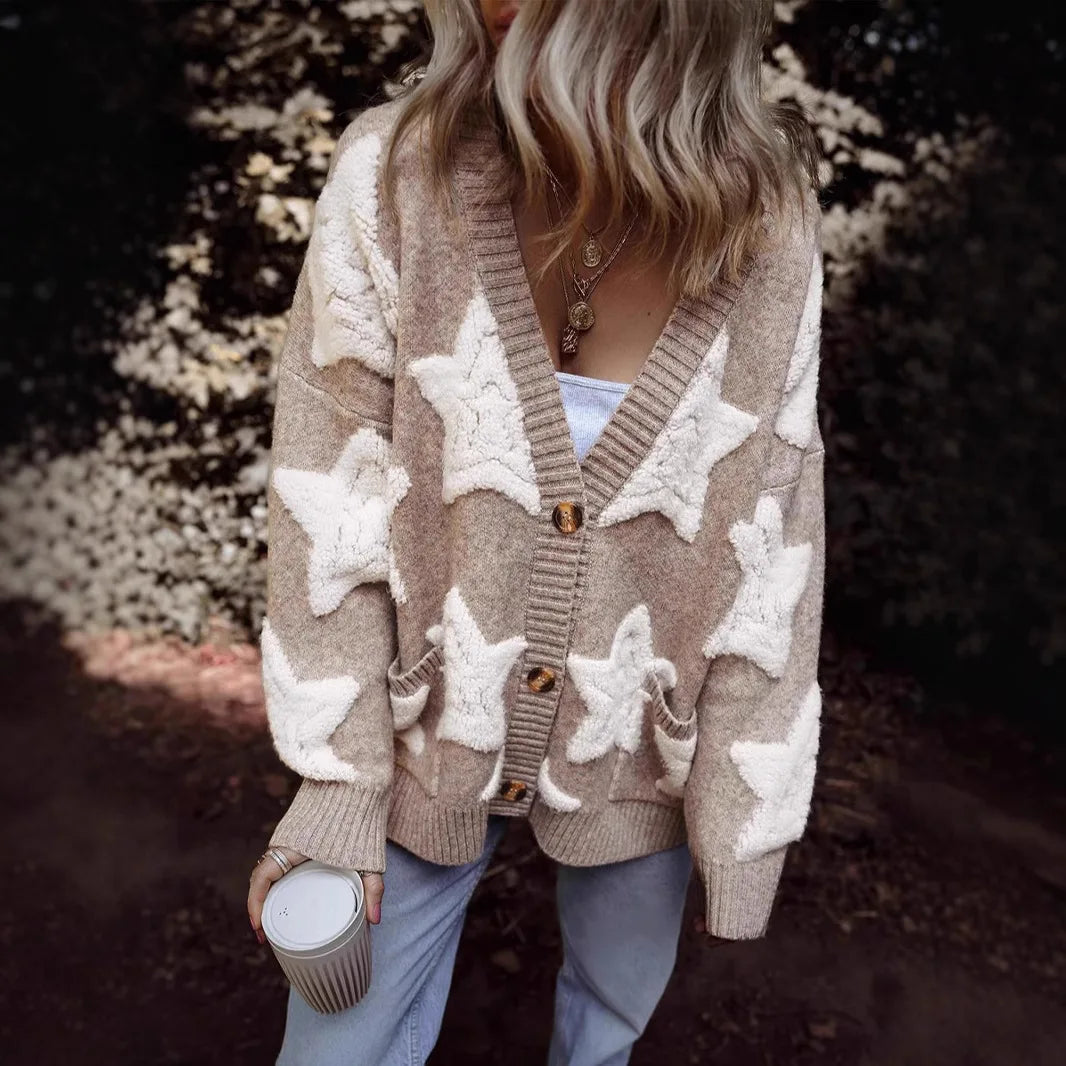 Casual Knitted Thick Autumn Winter Warm Sweaters Coat for Women Jacket Star Pattern Long Sleeve Loose Ovesize Sweater Cardigan
