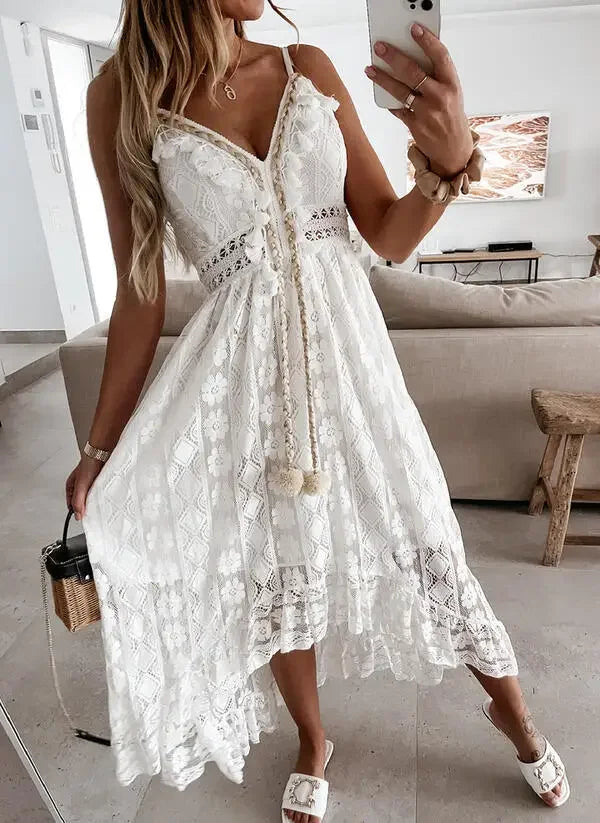 AYUALIN Sexy Sleeveless Backless Irregular Strap Dress Women Robe Vintage Tassel Boho Beach Vestidos Floral Lace Summer Dresses