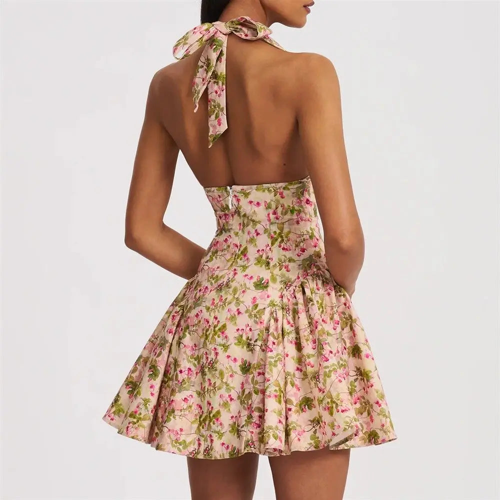Sexy Deep V-neck Backless Mini Dresses Women Summer Cinched Waist Vintage Halter Neckline Sweet Spicy Girl  Boho Beach Dress