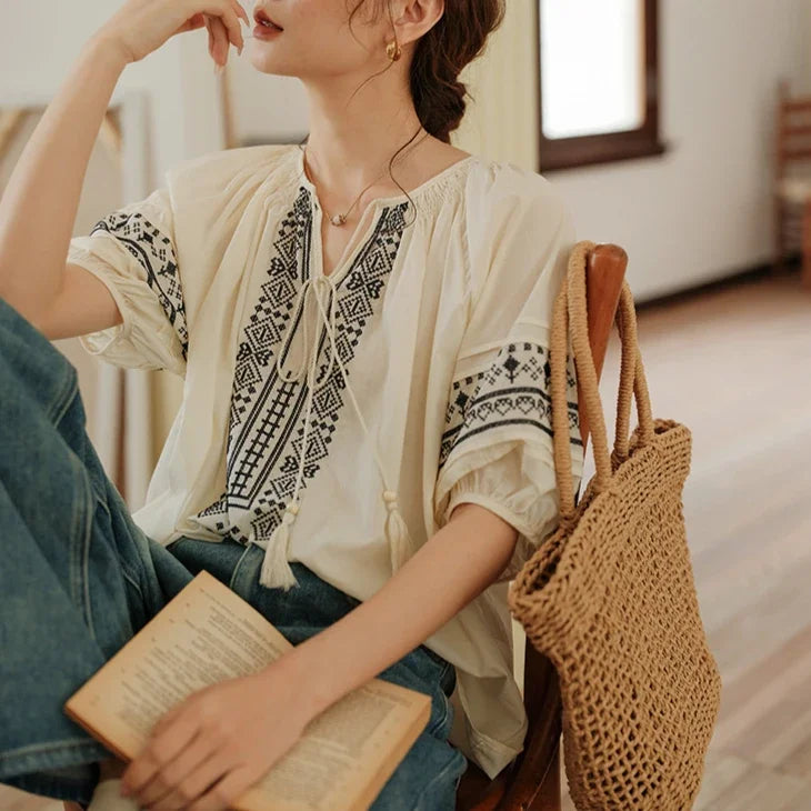 White Cotton Linen Floral Embroidery Blouses Shirts For Women Tops Casual Oversize Loose Blouse Summer Boho Beach Shirt Blusas