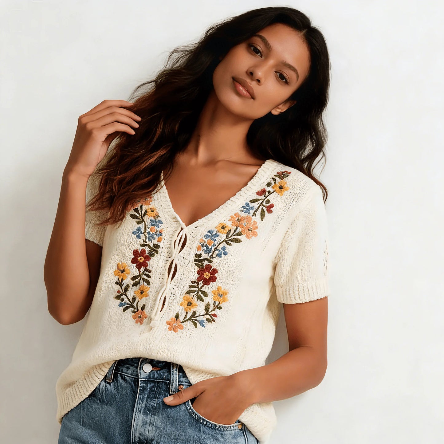 Bohemian Flower Embroidery Knitted Sweater Vintage Loose Sweaters for Women V Neck Spring Autumn Jumpers Boho Beach Pullovers
