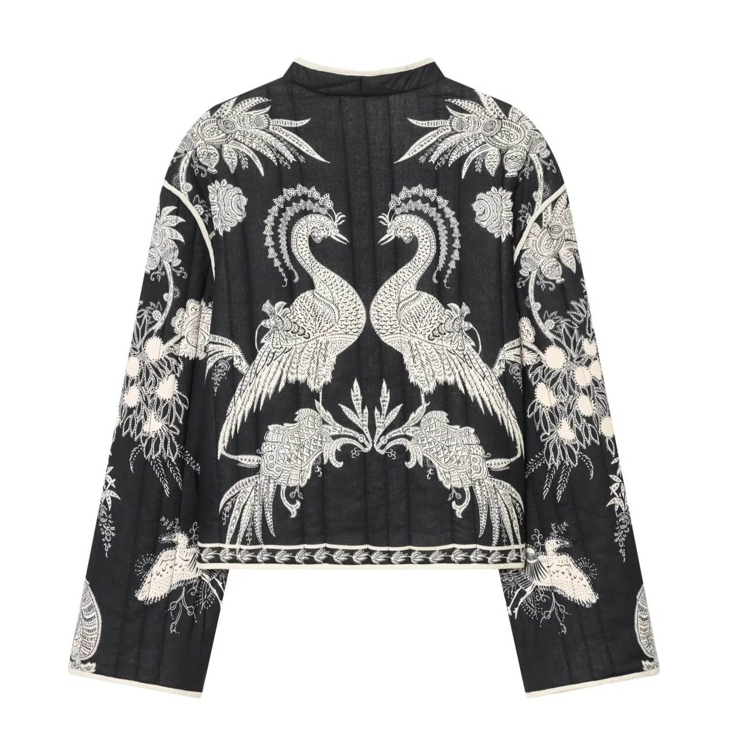 Bohemia Cotton Quilted Jacket Women Coat Vintage Black White Floral Print Long Sleeve Coats Spring Autumn Outwear Warm Jackets