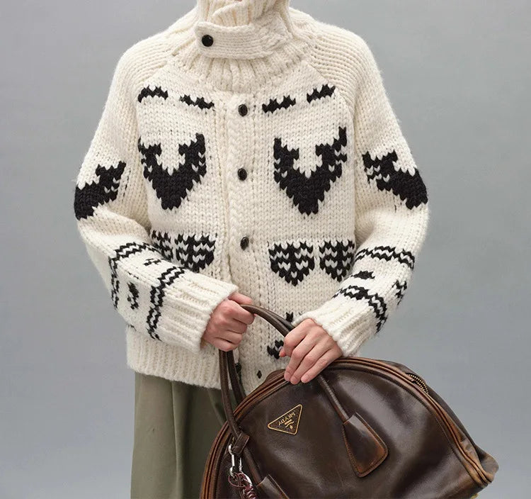 Boho Chunky Knit Sweater Women Jacket knitted Coat Casual Jacquard Turtlneck Thick Warm Winter Pullovers Loose Outwear Jumper