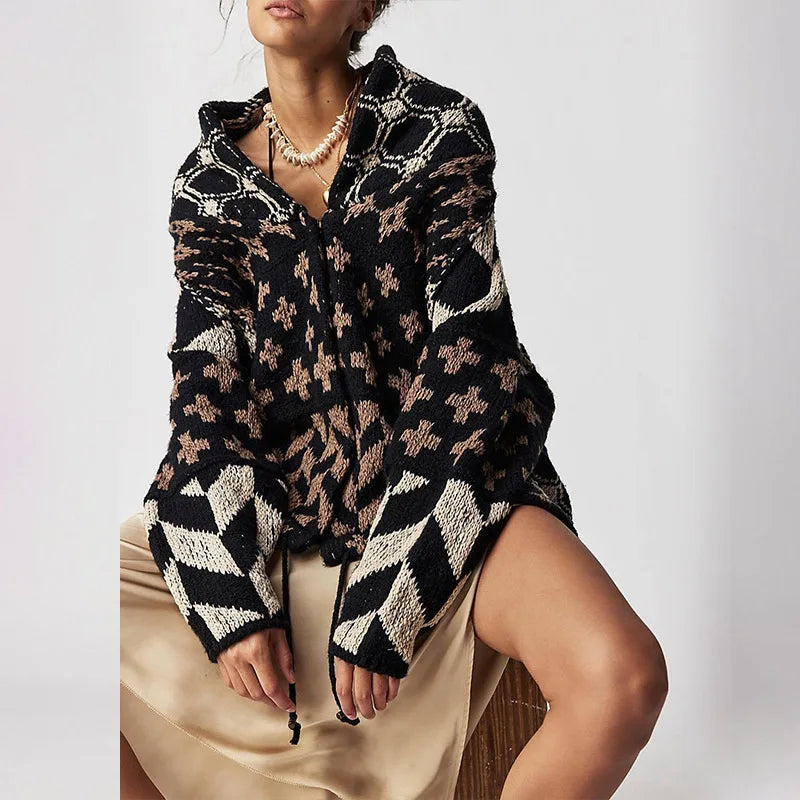 Chic Ethnic Pattern Embroidery Women Sweaters Cardigan Casual Loose Oversize Loose Vintage Knitted Autumn Winter Warm Coats