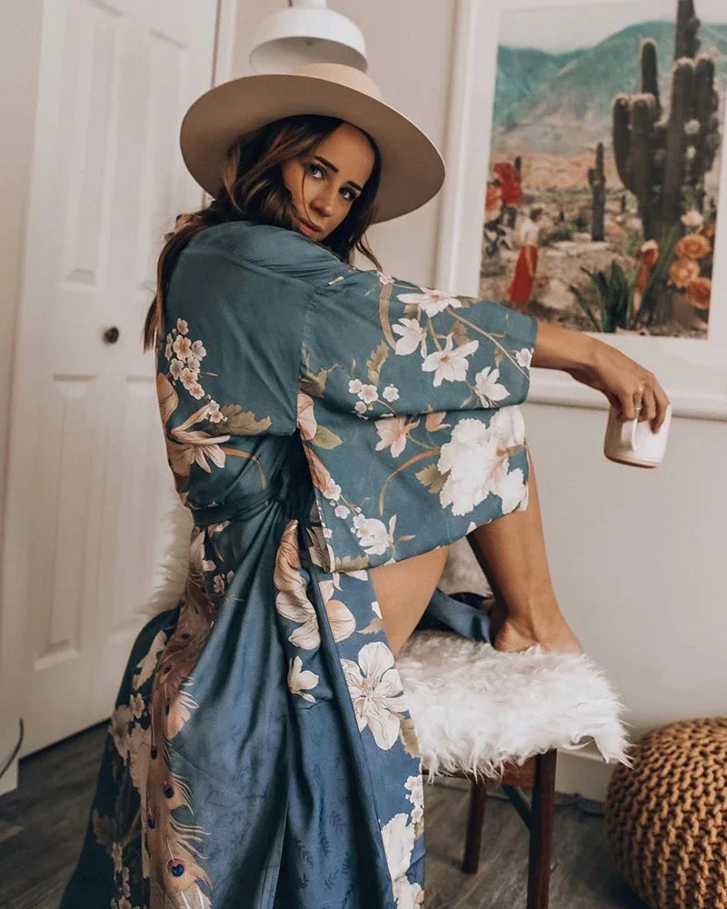AYUALIN Kimono Sleeve Robe Kaftan Khaki Floral Print Boho Cardigan Sexy Side Slits Gypsy Beach Summer Long Women Blouses Blusas