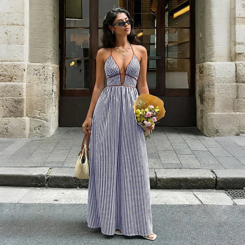 Backless Sleeveless Deep V-Neck Maxi Dress for Women Robe Cotton Linen Striped Long Summer Dresses Boho Beach Party Vestidos
