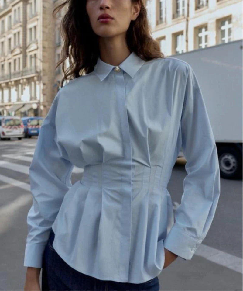 Long-sleeved Women Blouse Shirt  with A Fitted Waist and Pleated Design White 100% Cotton Casual Office Blouses Shirts Lady Tops