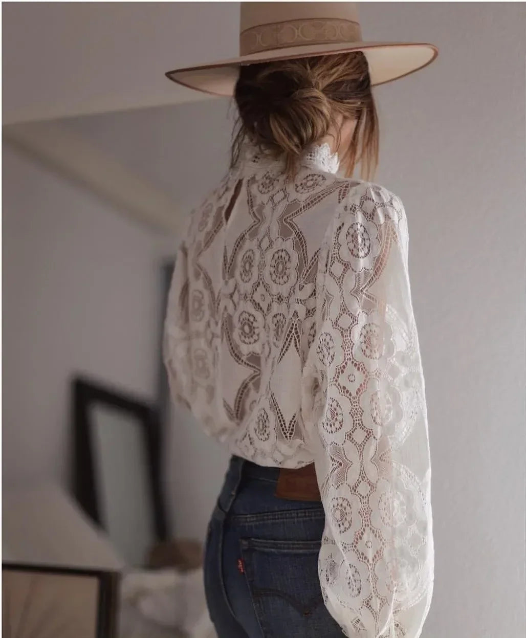 AYUALIN Lady White Lace Blouse Shirt Women Long Sleeve See Through Sexy Blusa Vintage Femme Transparent Top Casual Boho Blouses