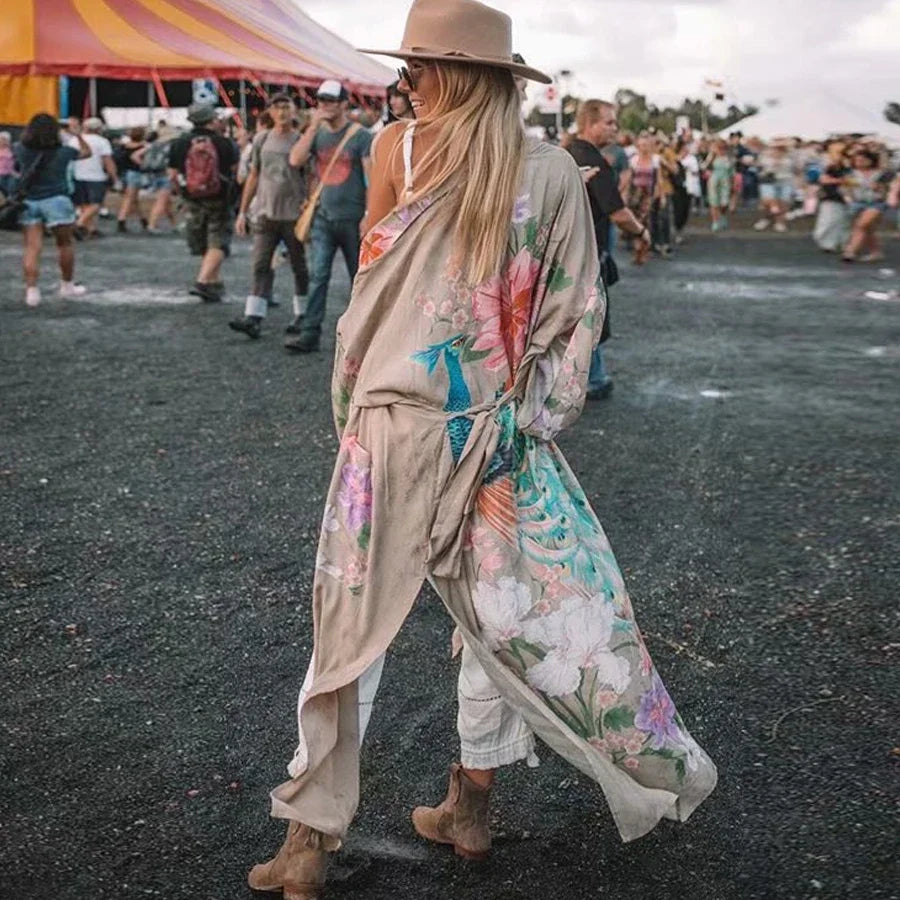 AYUALIN Kaftan Robe Blue Phoenix Floral Print Kimono Cardigan Boho Sexy Side Slits Gypsy Blusa Summer Loose Long Women Blouses