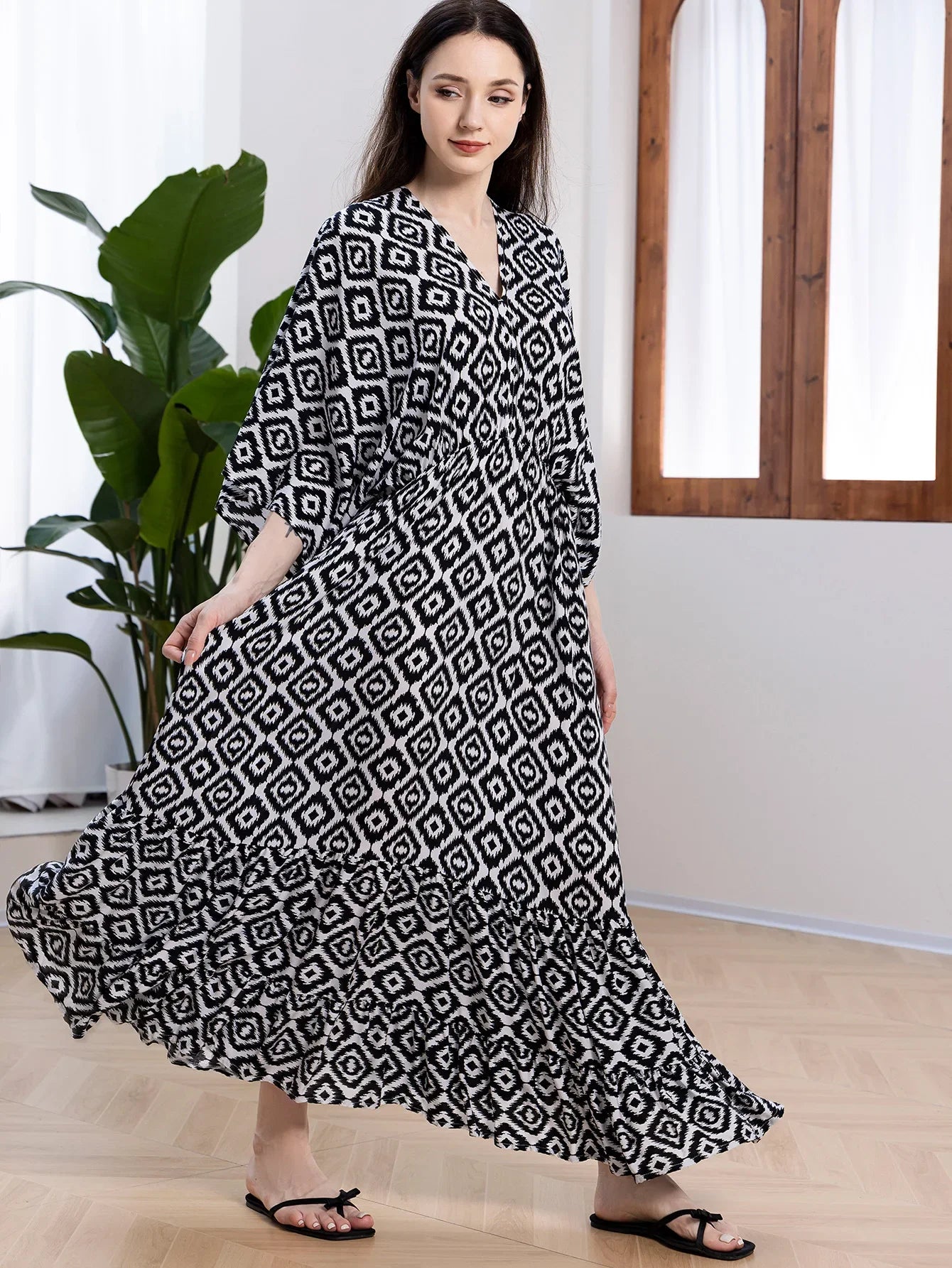 Deep V Neck Cotton Rayon Floral Printed Long Dress Summer Boho Beach Cover up Casual Loose Elastic Waist Maxi Dresses Women Robe
