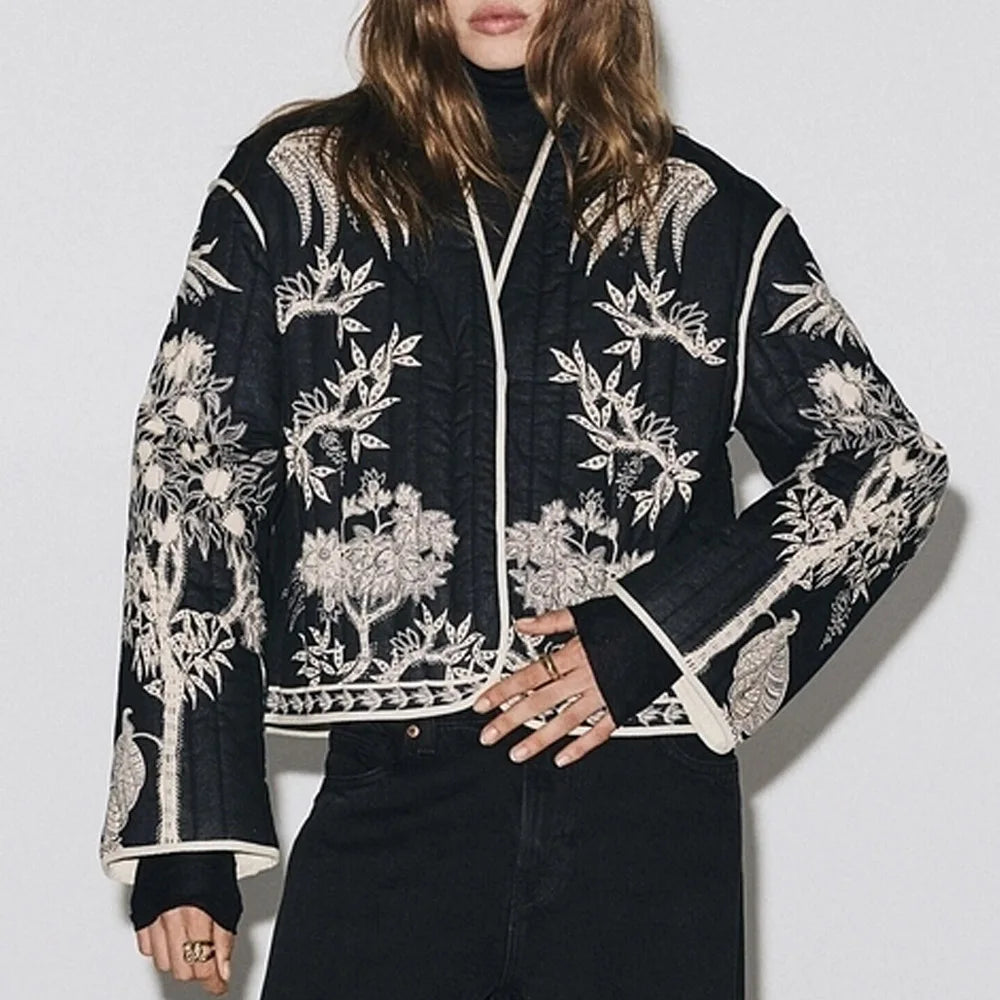 Bohemia Cotton Quilted Jacket Women Coat Vintage Black White Floral Print Long Sleeve Coats Spring Autumn Outwear Warm Jackets