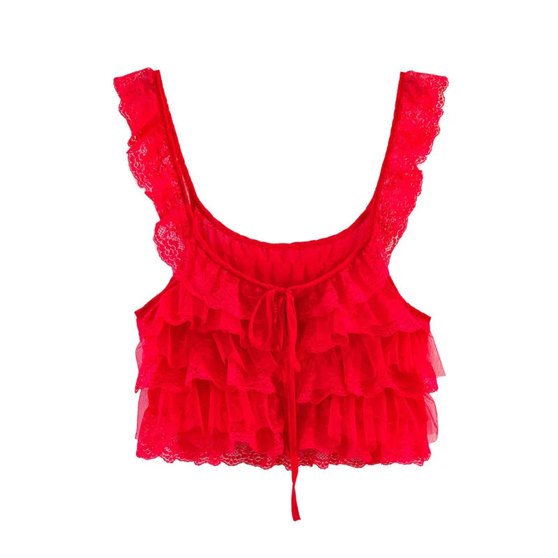 Creamy Lace Ruffled Layered Strappy Top Women Blouses Vintage Sleeveless O Neck Cropped Camisole Boho Beach Sheer Tanks Tops