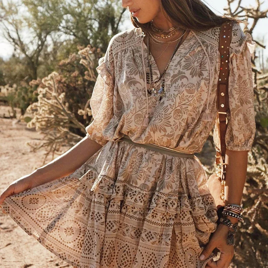 AYUALIN Mini Women Dresses Ruffle Short Sleeve Oversize Loose Boho Rayon Floral Print Autumn Dresses A-line Gypsy Dress Vestidos