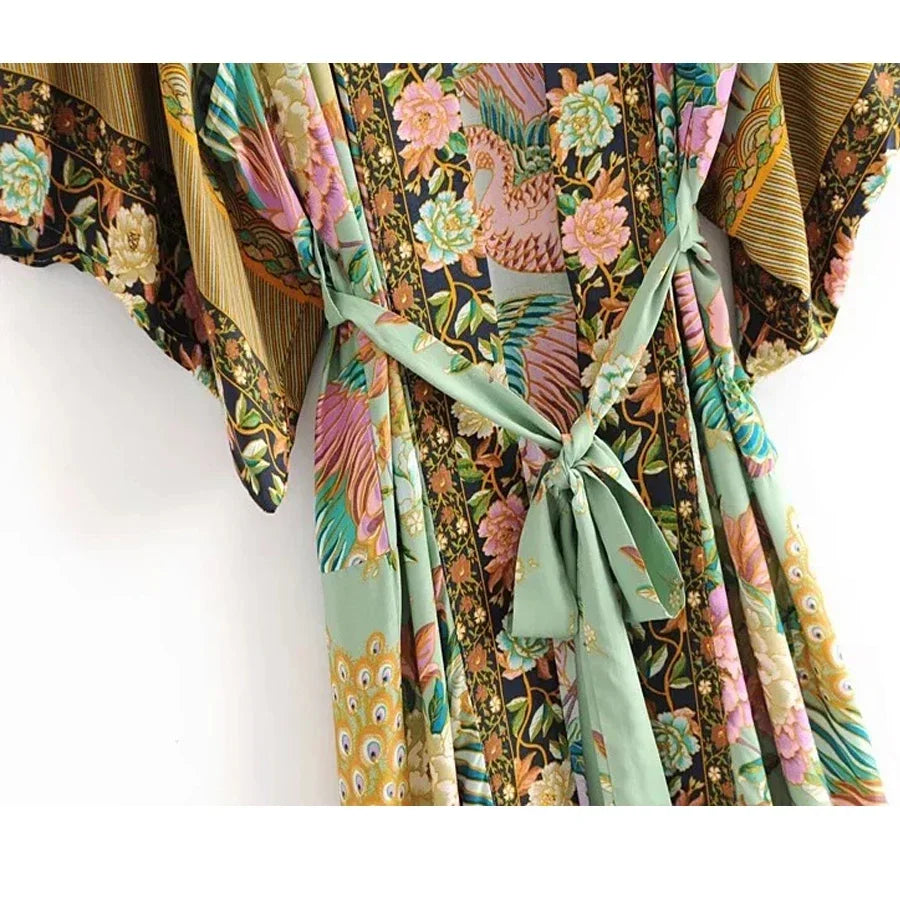 AYUALIN Kimono Wrapped Dress for Women Rayon Boho Green Floral Print Summer Dresses Beach Wear Long Dresses Vestidos Verano 2024