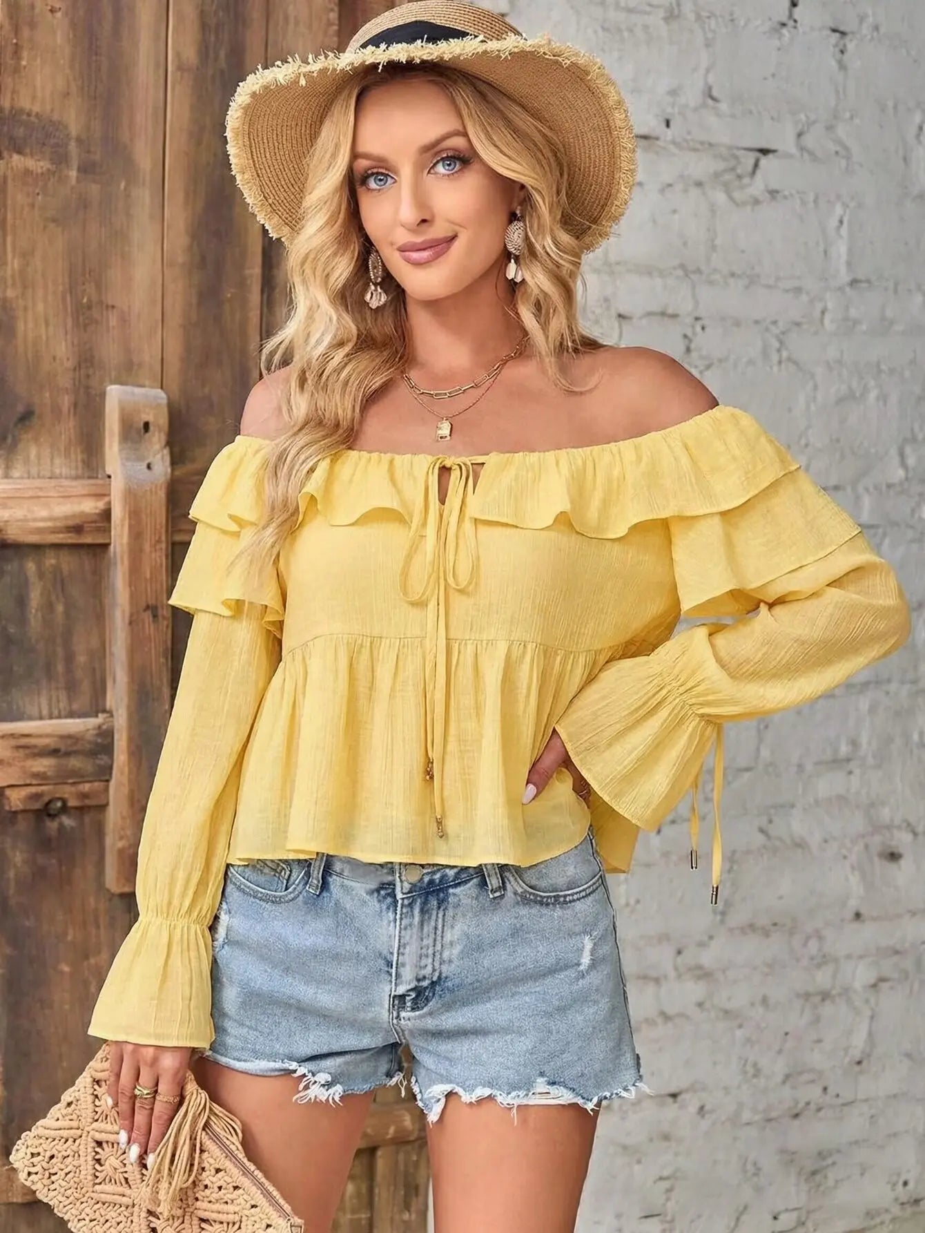 Ruffle Off Shoulder Lace-up Blouses Shirts Women Tops Yellow Casual Ruffles Flare Sleeves Spring Summer Blouse Boho Beach Shirt