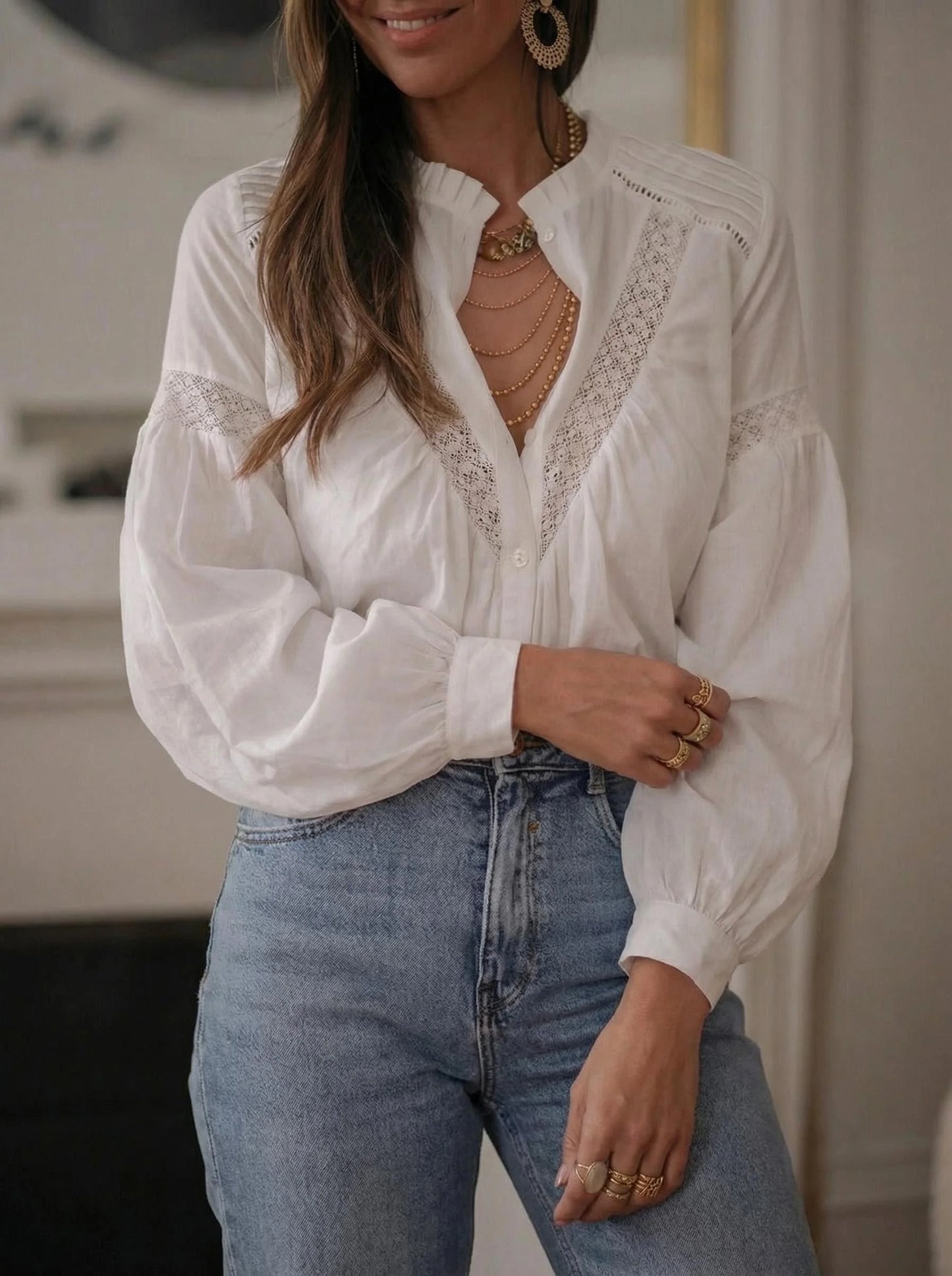 White Blouses Shirts for Women Puff Long Sleeves Splicing Lace Casual Spirng Summer Blouse Boho Beach Blusas Elegant Ladies Tops