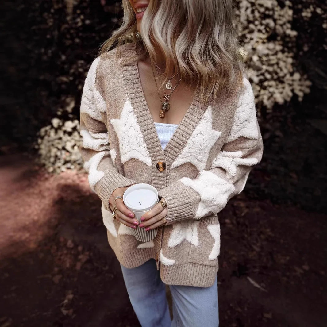 Casual Knitted Thick Autumn Winter Warm Sweaters Coat for Women Jacket Star Pattern Long Sleeve Loose Ovesize Sweater Cardigan