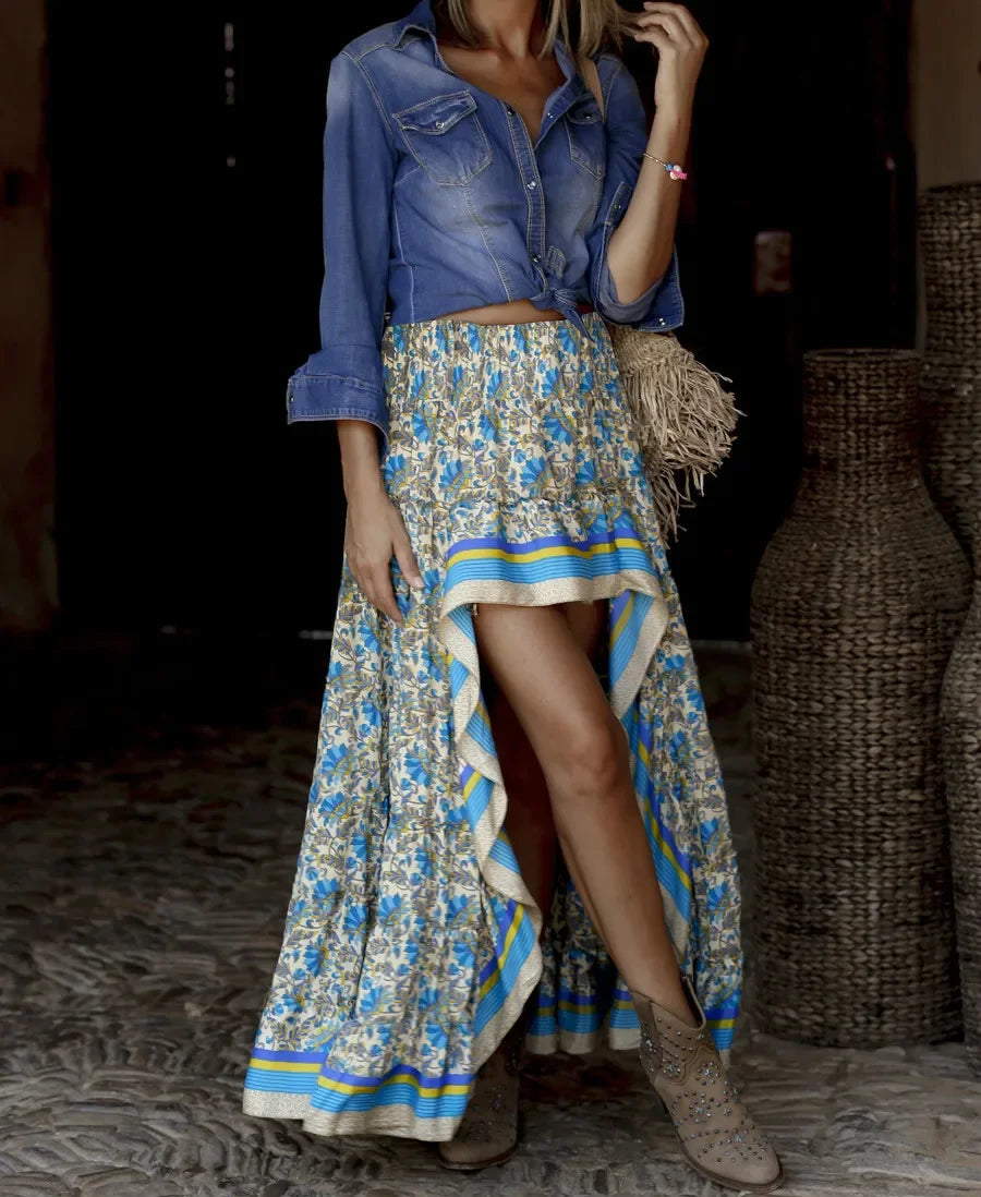 Floral printed cotton Rayon beach boho maxi skirt women vintage sexy irregular elastic waist Long skirts summer casual falda