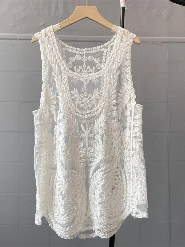 Boho Beach Cover-up Sexy Sleeveless Blouse Shirt Women Lace Top Summer Mini Vestidos Floral Embroidery T-Shirts Tank Tee Shirts