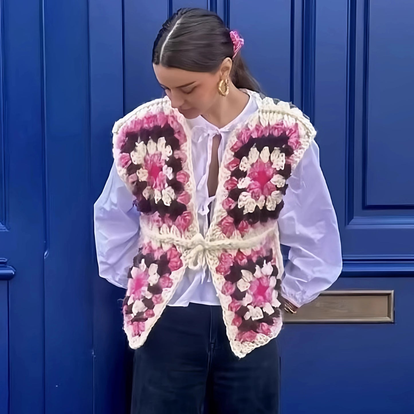 Ethnic Crochet Granny Square Vest Sweaters Women Coat Floral Hollow out knitted vest jacket Jumpers Autumn Spring Boho Sweater
