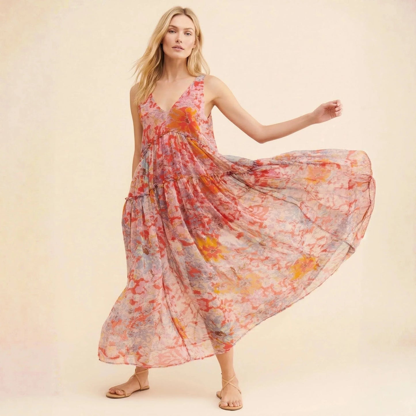 Bohemian Maxi Dresses Women Summer Sleeveless Floral Chiffon Printed Boho Beach Dress Loose Holiday Long Ladies Robe Vestidos