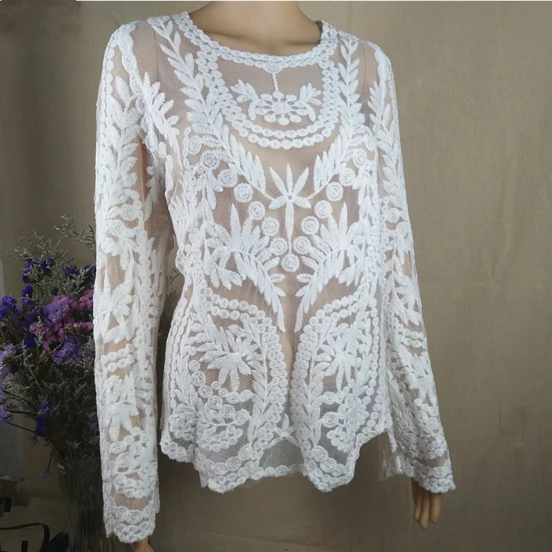 Boho Beach Lace Blouse Swim Cover-up Summer Sexy Floral Embroidery  Robe Long Sleeve For Women Blouses Shirts Lace Blouses Tops