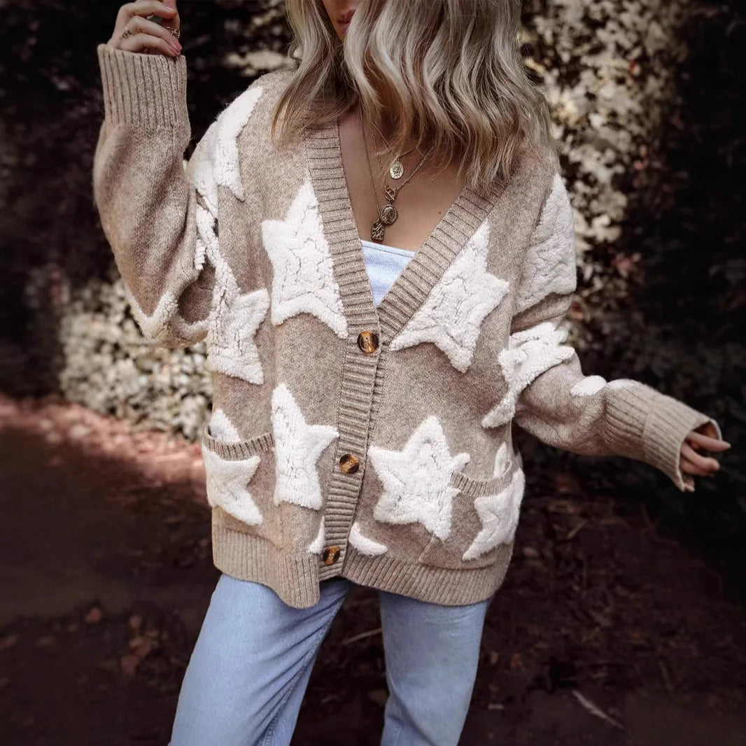 Casual Knitted Thick Autumn Winter Warm Sweaters Coat for Women Jacket Star Pattern Long Sleeve Loose Ovesize Sweater Cardigan