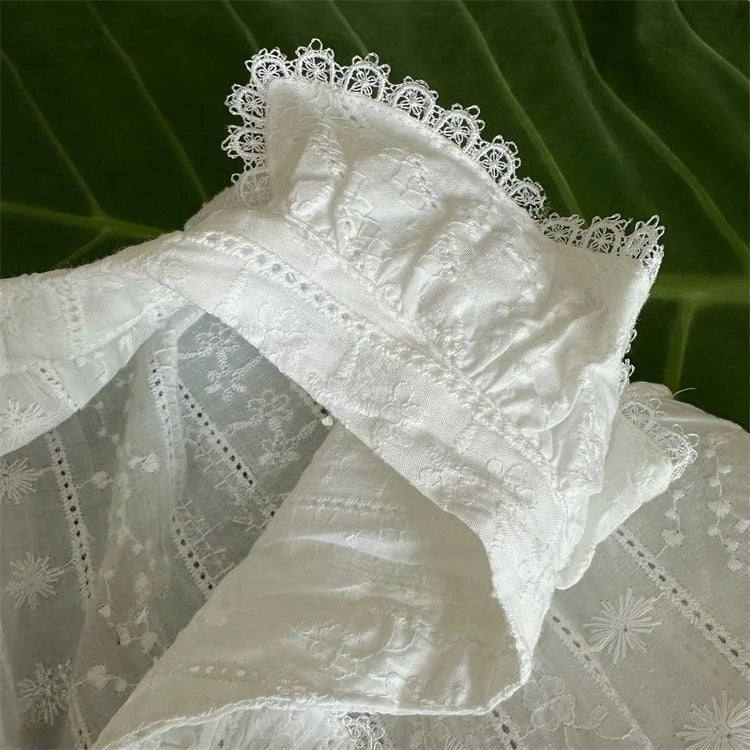 Cotton Floral Embroidered Blouse Shirt Casual Sleeveless V Neck Lace-up Boho Beach Summer Women's Blouses Layered Lace Shirt