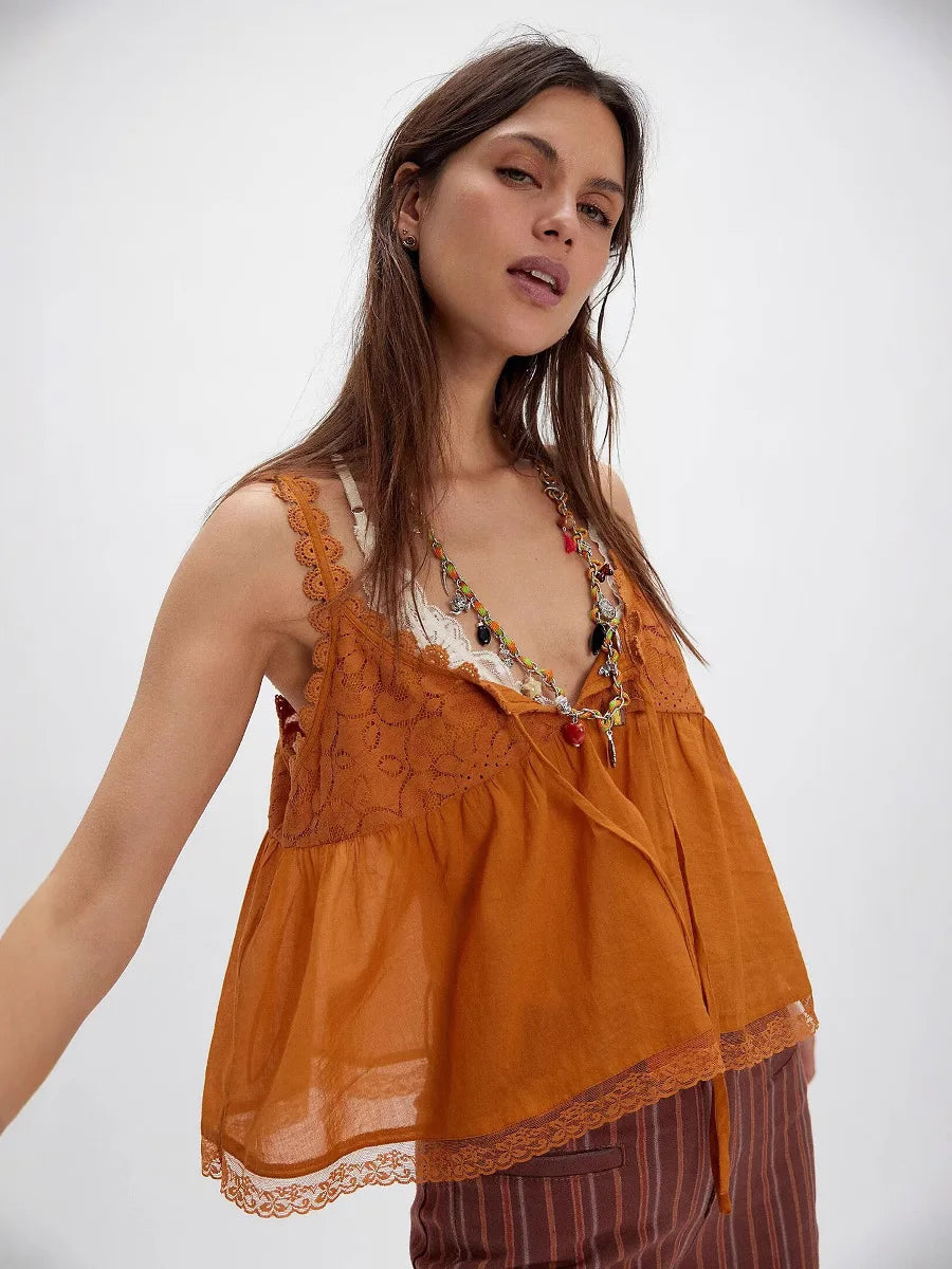 Bohemia Sleeveless Strap Blouse Lace Tank Top Women Casual Cotton Lace-up Deep V Neck Boho Beach Summer Blouses Shirts Tops