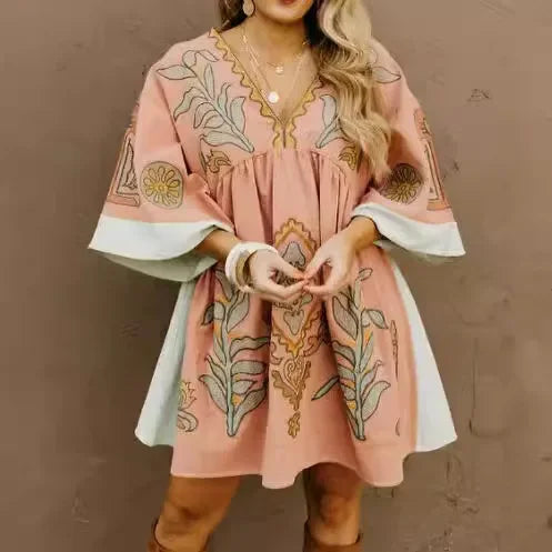 Boho Cotton Linen Floral Embroidery Mini Dresses For Women Vestidos Flare Sleeve Casual Oversize Losse Ladies Dress Summer Robe